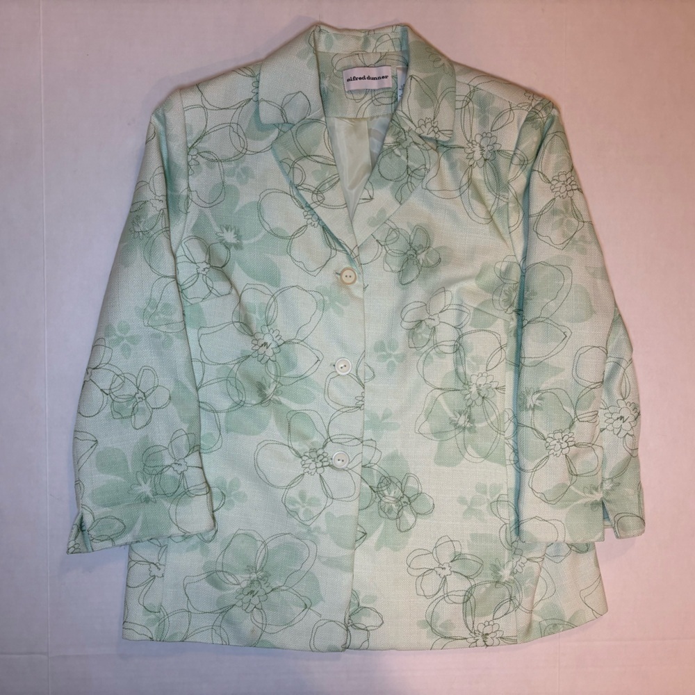 Alfred Dunner VTG green 3/4 sleeve v-neck blazer floral stitching pattern 12